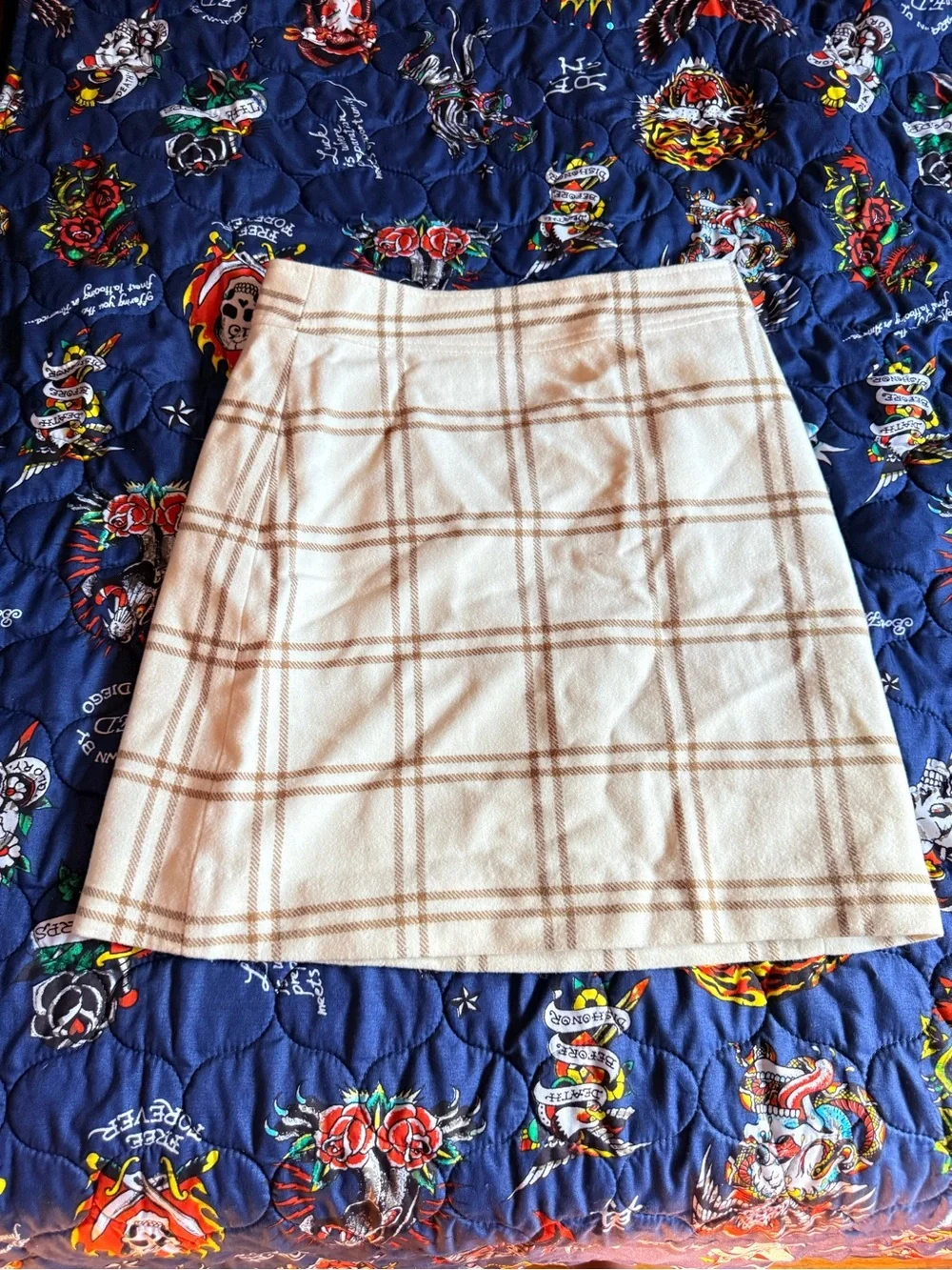 J. Crew Cream and Tan Plaid A-Line Skirt
